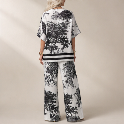 White Printed V-Neck Top and Trousers Set | Casual Two-Piece Loungewear - Wide Leg Matching Set lifestyle