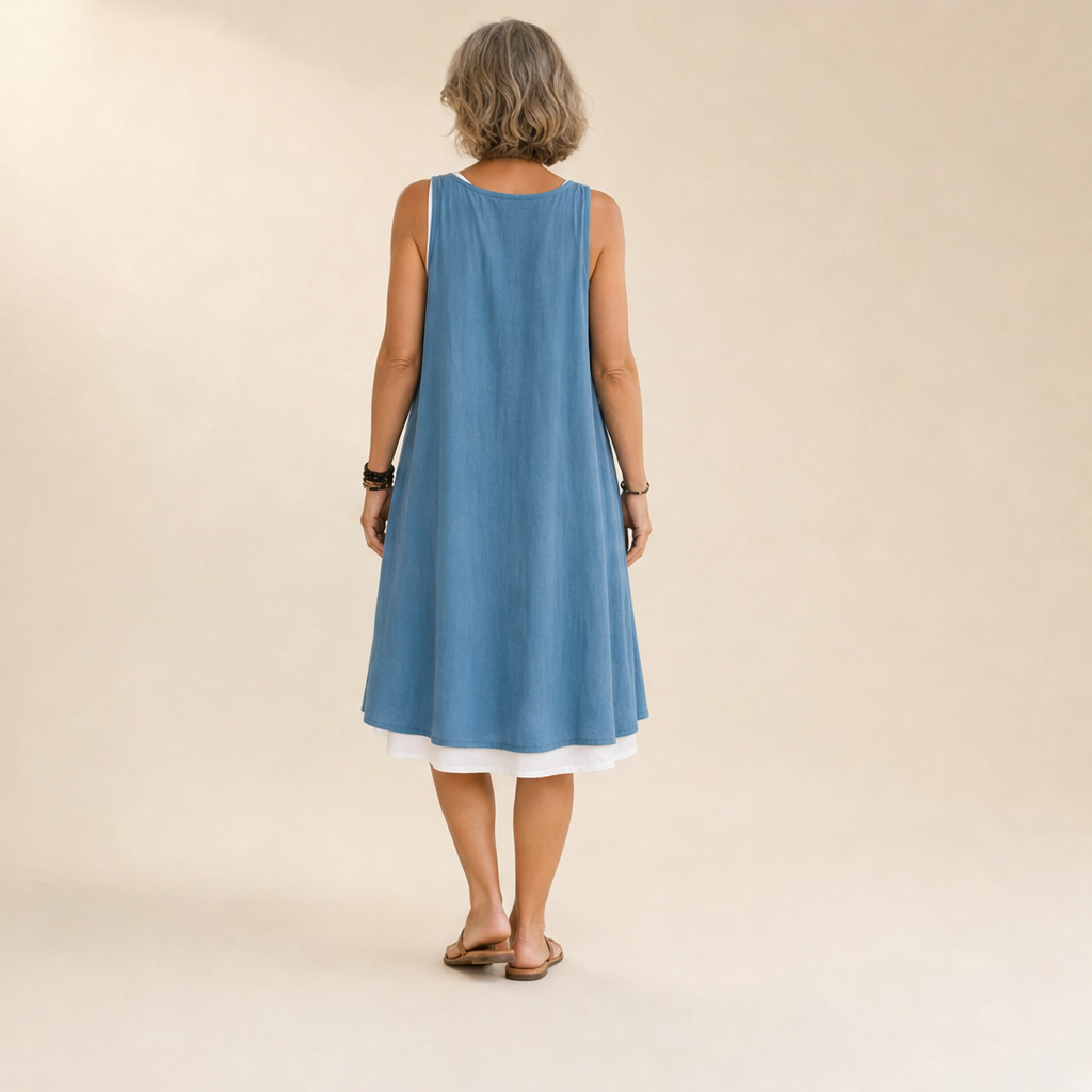 Chambray Blue Layered Tank Dress | Fake Two Piece Sleeveless Summer Dress - Loose Fit Cotton Linen lifestyle