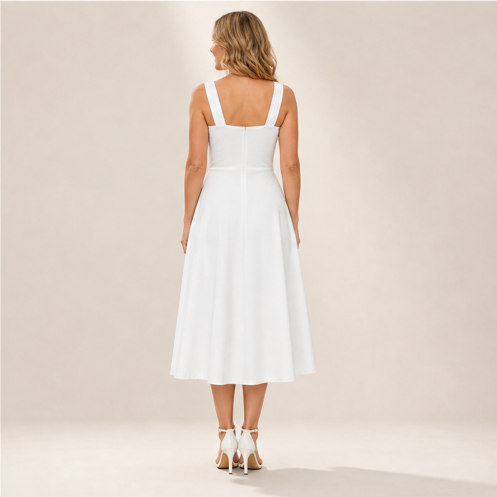 White Criss-Cross Waist Midi Dress | Fit and Flare A-Line Dress for Women - Sweetheart Neckline with Pockets lifestyle