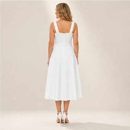 White Criss-Cross Waist Midi Dress | Fit and Flare A-Line Dress for Women - Sweetheart Neckline with Pockets lifestyle