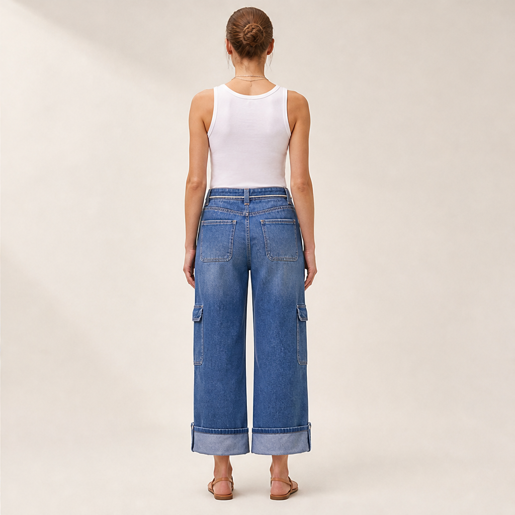 Wide Leg Cargo Trousers | Casual Denim-Style Pants for Women - Rope Tie Waist with Cargo Pockets lifestyle