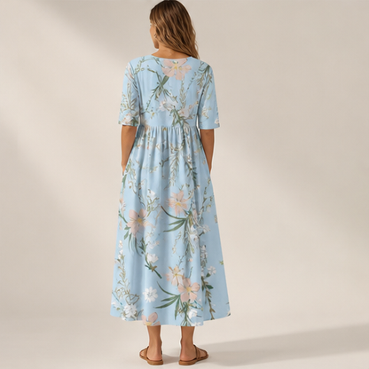 Blue Floral Wide Leg Trousers | Women's High-Waisted Palazzo Pants - Elegant Print with Pockets lifestyle