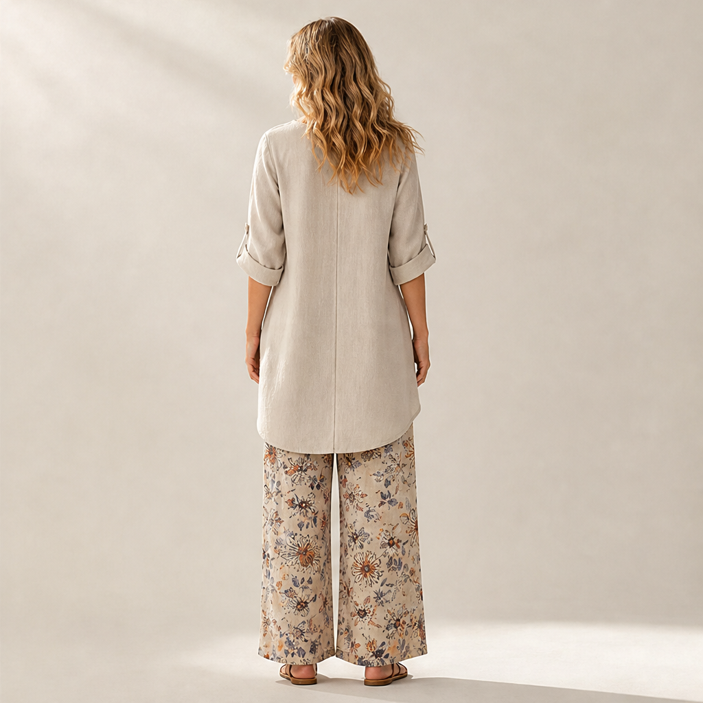 Black Two-Piece Trouser Set | Cotton Linen Asymmetric Hem Top with Floral Wide-Leg Pants lifestyle