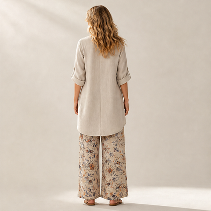 Black Two-Piece Trouser Set | Cotton Linen Asymmetric Hem Top with Floral Wide-Leg Pants lifestyle