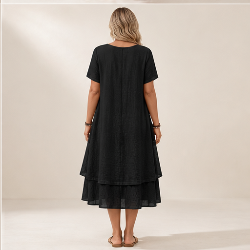 Black Loose Fit Midi Dress | Cotton Linen Tiered Hem Dress for Women - Round Neck A-Line lifestyle