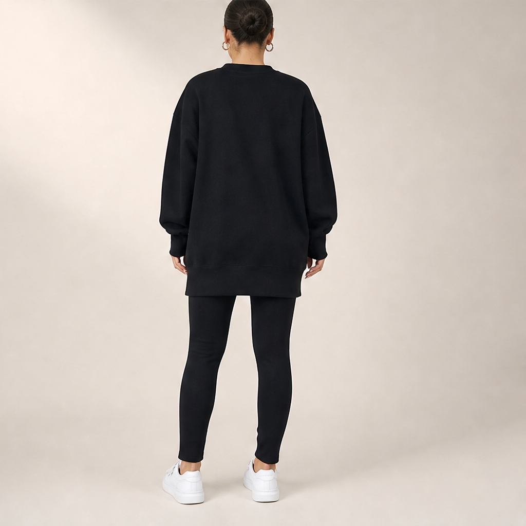 Black Sweatshirt Leggings Set | Oversized Casual Two-Piece Loungewear - Split Hem lifestyle
