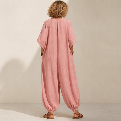 Rose V-Neck Jumpsuit | Relaxed Linen-Blend Playsuit for Women - Wide Leg with Pockets lifestyle