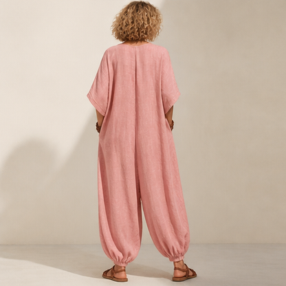 Rose V-Neck Jumpsuit | Relaxed Linen-Blend Playsuit for Women - Wide Leg with Pockets lifestyle