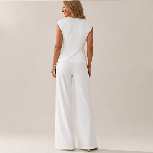 White Wrap Top Two-Piece Set | V-Neck Wide Leg Trouser Set for Women - Button Detail lifestyle