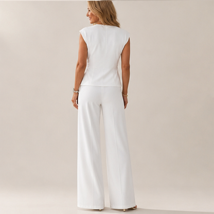 White Wrap Top Two-Piece Set | V-Neck Wide Leg Trouser Set for Women - Button Detail lifestyle