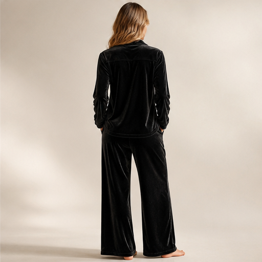 Black Velvet Loungeset | Two-Piece Shirt & Wide Leg Trouser Set for Women lifestyle