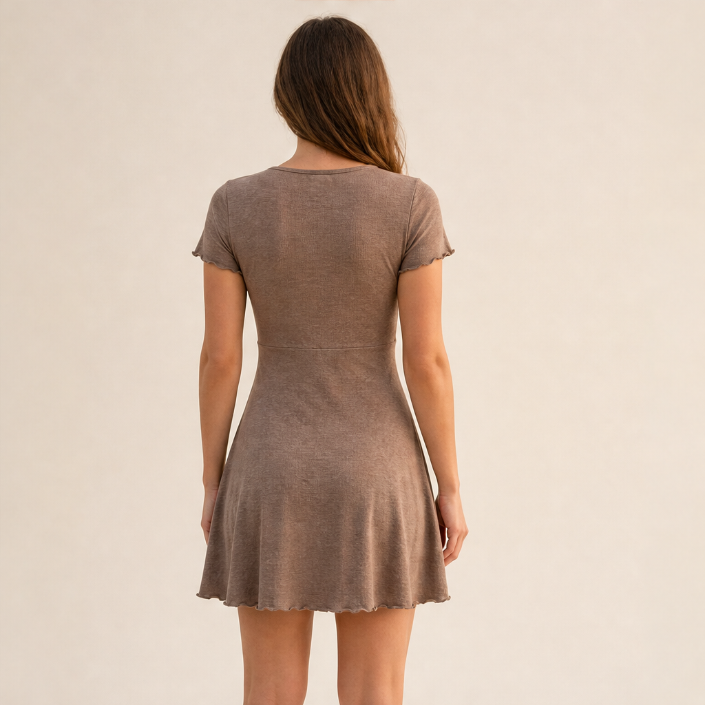 Taupe V-Neck Mini Dress | Cinch-Tie Front Fit-and-Flare - Short Sleeve Bodycon Style lifestyle