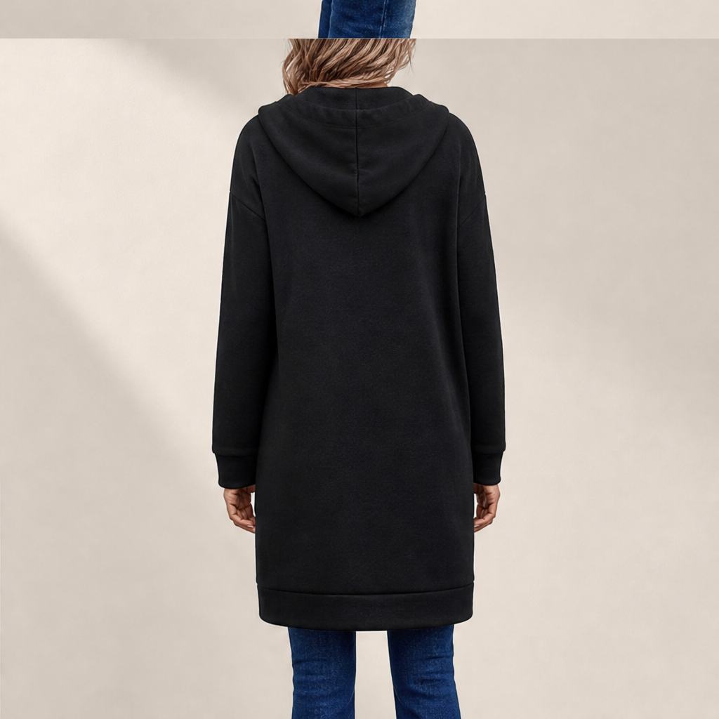 Black Longline Zip-Up Hoodie | Fleece-Lined Long Hooded Sweatshirt for Women - with Pockets lifestyle