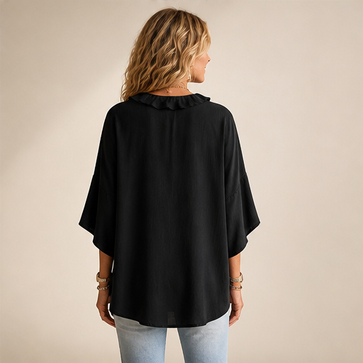 Black Ruffle V-Neck Blouse | Relaxed Fit Top for Women - Textured Three-Quarter Sleeve lifestyle