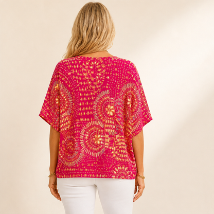 Fuchsia Floral Print Dolman Top | V-Neck Boho Blouse for Women - Batwing Sleeve lifestyle