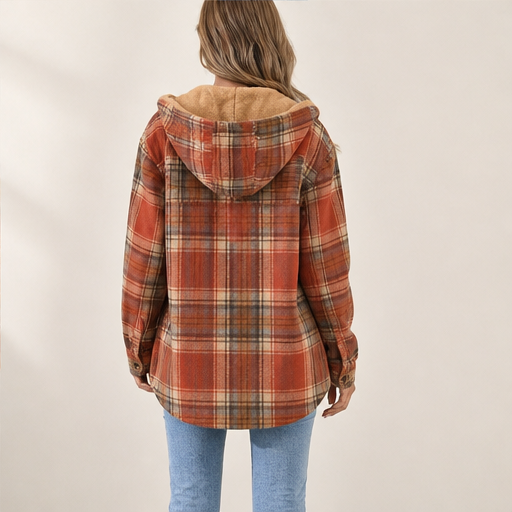 Rust Plaid Flannel Shacket | Hooded Sherpa-Lined Jacket for Women - Thick Checked Coat lifestyle