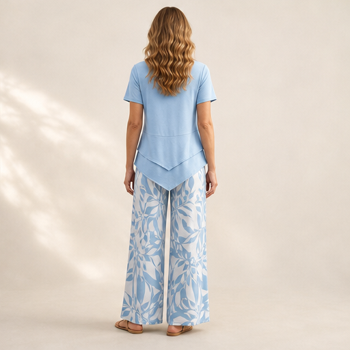 Blue Layered Tunic Top and Wide Leg Trouser Set | Round Neck Two-Piece Outfit for Women lifestyle