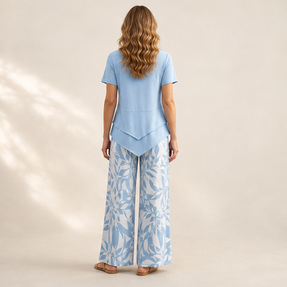 Blue Layered Tunic Top and Wide Leg Trouser Set | Round Neck Two-Piece Outfit for Women lifestyle