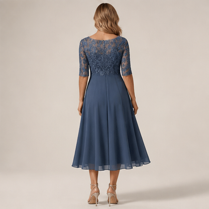 Slate Blue Embroidered Midi Dress | Scoop Neck Occasion Dress - Lace Bodice with Flowy Chiffon Skirt lifestyle