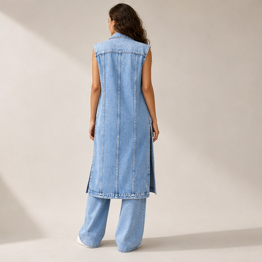 Light Wash Denim Vest Dress | Sleeveless Longline Jean Jacket - High Slit Midi lifestyle