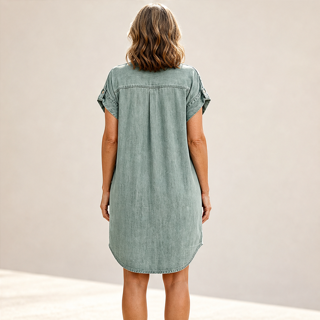Denim Blue Zip Front Shirt Dress | Adjustable Half-Zip Collared Dress - Short Sleeve with Pockets lifestyle