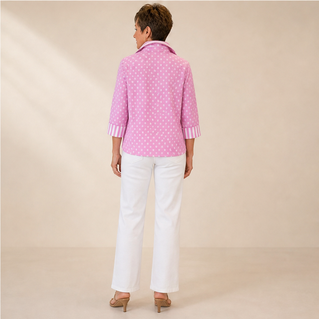 Pink Polka Dot Blouse | Contrast Stripe Popover Top for Women - 3/4 Sleeve Cotton Shirt lifestyle