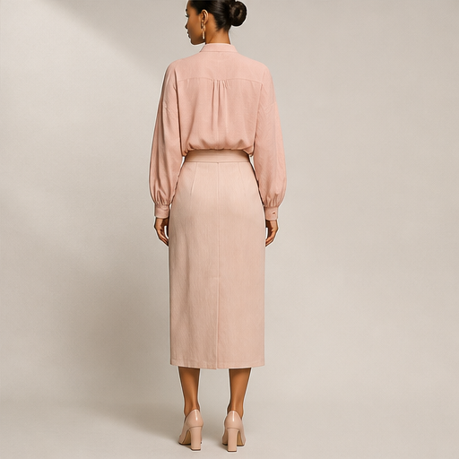 Pink Stand Collar Shirt & Midi Skirt Set | Two-Piece Suit - High-Waisted Skirt with Front Slit lifestyle