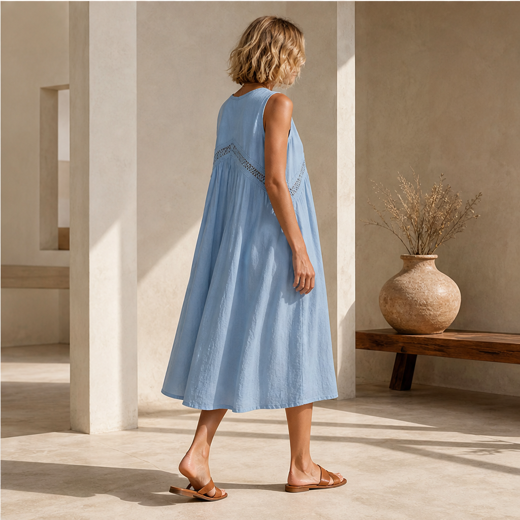 Marisol Women's V-Neck Tie-Front Lace Trim Midi Dress with Hidden Side Pockets - Sleeveless A-Line Summer Dress lifestyle