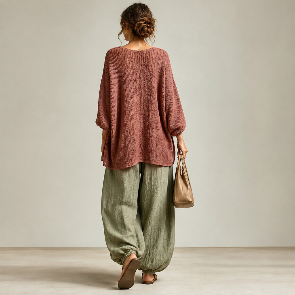 Green Three-Piece Harem Trouser Set | Tank Top, Cardigan & Wide-Leg Pants - Women's Knit Loungewear lifestyle