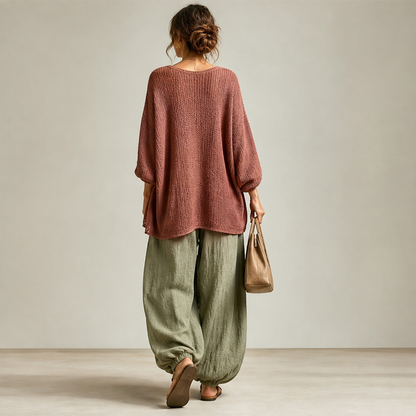 Green Three-Piece Harem Trouser Set | Tank Top, Cardigan & Wide-Leg Pants - Women's Knit Loungewear lifestyle