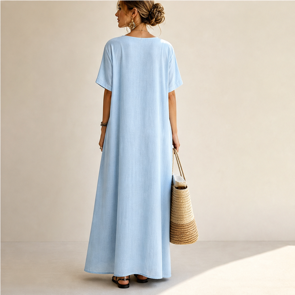Sky Blue Cotton Linen Maxi Dress | Short Sleeve Button-Front Summer Dress with Pockets lifestyle