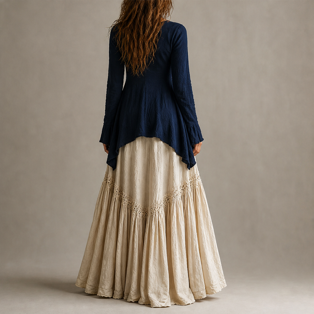 Navy Two Piece Maxi Skirt Set | Boho Asymmetric Top & Tiered Skirt - Long Sleeve Outfit lifestyle