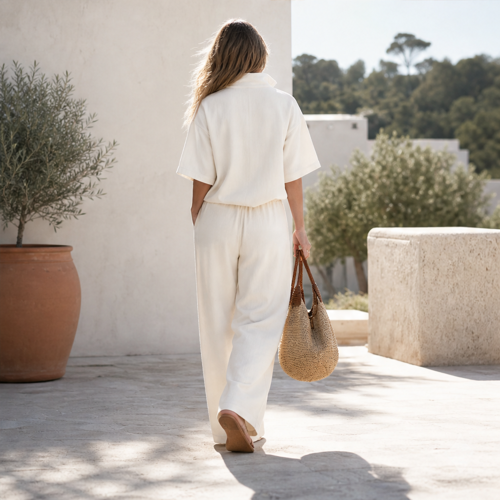 Cream Zip Neck Top and Trousers Set | Casual Two-Piece Loungewear - Wide Leg Drawstring Trousers lifestyle