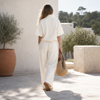 Cream Zip Neck Top and Trousers Set | Casual Two-Piece Loungewear - Wide Leg Drawstring Trousers lifestyle