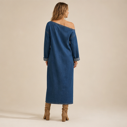 Denim Off-Shoulder Dress | Midi Length Casual Dress - Long Sleeve with Button Front Split lifestyle