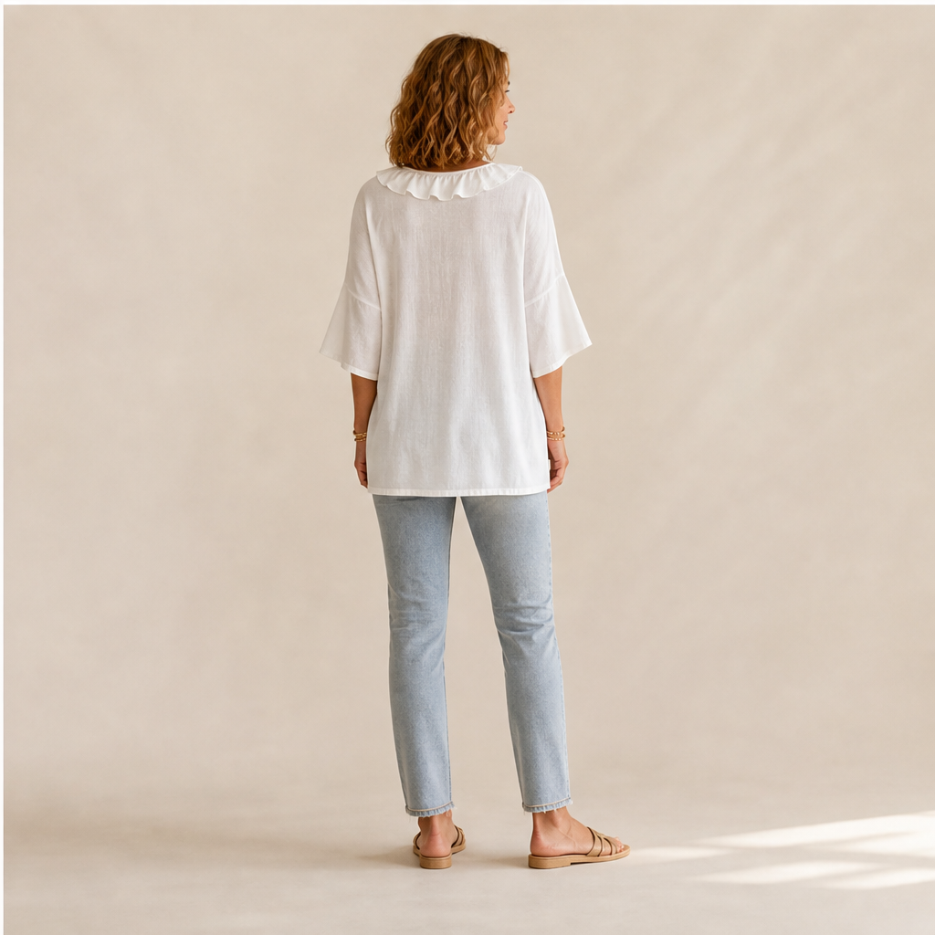 White Ruffle V-Neck Blouse | Elegant Linen-Look Top for Women - Flared Sleeve Tunic lifestyle