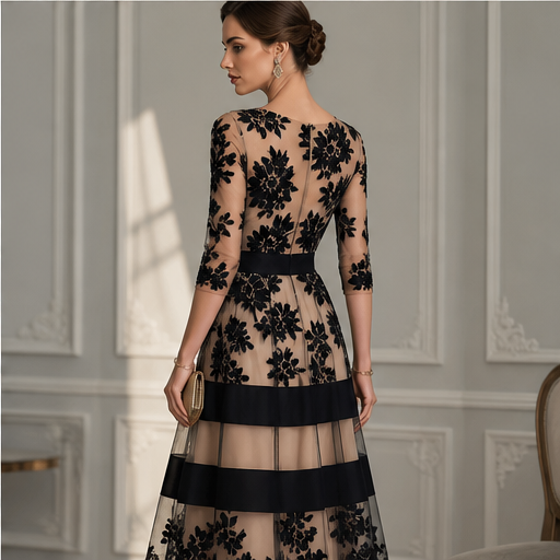 Black Lace Midi Dress | Elegant A-Line Wedding Guest Dress - Sheer Mesh Occasion Wear features