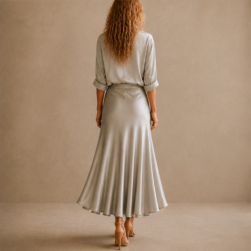 Grey Satin Shirt & Midi Skirt Set | Two Piece Button Down Top with High Waist Flared Skirt lifestyle