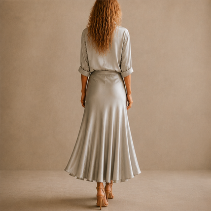 Grey Satin Shirt & Midi Skirt Set | Two Piece Button Down Top with High Waist Flared Skirt lifestyle