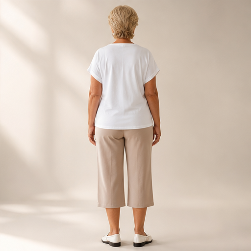 Beige Cropped Trouser & Top Set | Casual Two-Piece Outfit for Women - V-Neck Tee with Wide-Leg Culottes lifestyle