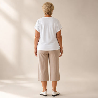 Beige Cropped Trouser & Top Set | Casual Two-Piece Outfit for Women - V-Neck Tee with Wide-Leg Culottes lifestyle