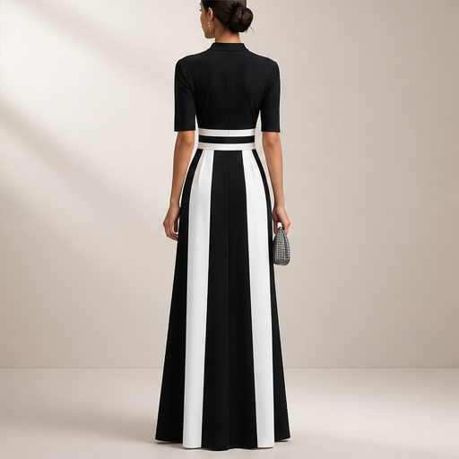 Black White Striped Maxi Dress | Mock Neck Formal Gown - Short Sleeve Colour Block Evening Dress lifestyle