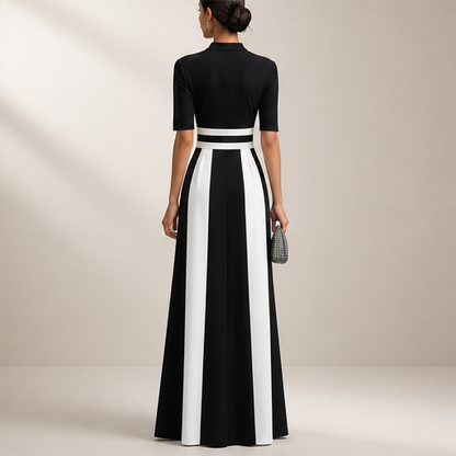 Black White Striped Maxi Dress | Mock Neck Formal Gown - Short Sleeve Colour Block Evening Dress lifestyle