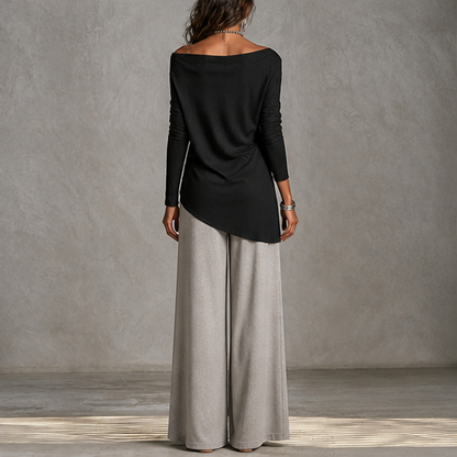 Black Cowl Neck Two Piece Set | Off Shoulder Top & Wide Leg Trousers - Women's Matching Outfit lifestyle