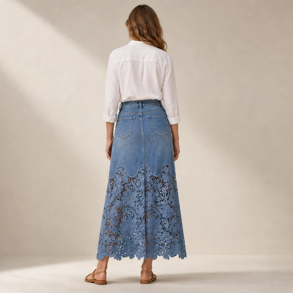 Denim Lace Hem Maxi Skirt | High-Waisted A-Line Style - Floral Crochet Trim lifestyle