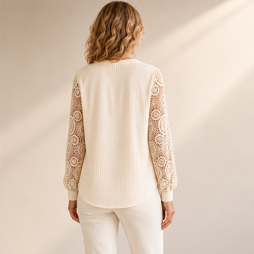 Ivory Lace Patchwork Top | Crochet V-Neck Long Sleeve Blouse - Pearl Button Detail lifestyle