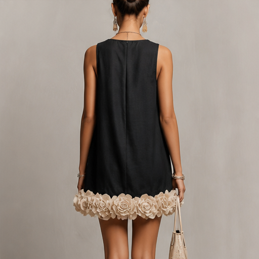 Black 3D Flower Mini Dress | Sleeveless Loose A-Line - Floral Appliqué Hem lifestyle