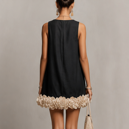 Black 3D Flower Mini Dress | Sleeveless Loose A-Line - Floral Appliqué Hem lifestyle