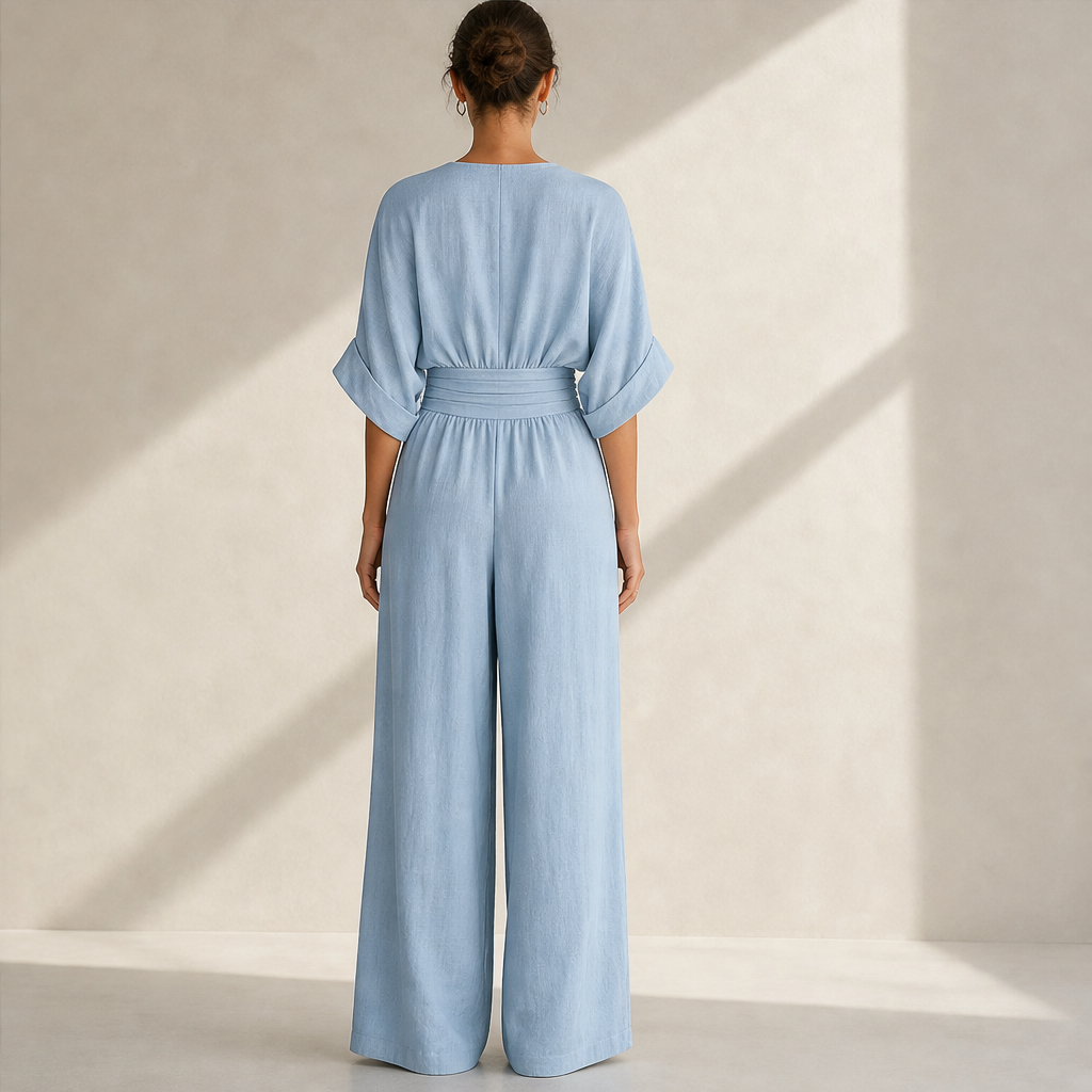 Light Blue V-Neck Jumpsuit | Wide-Leg Linen-Blend Playsuit - Wrap Waist Casual Wear lifestyle