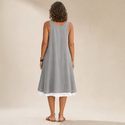 Grey Sleeveless Midi Dress | Fake 2-Piece Linen Blend A-Line - Mock Layered Hem with Pockets lifestyle